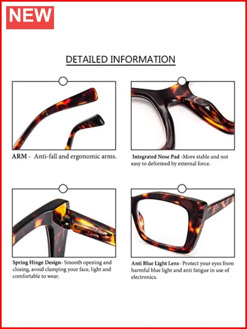 Oversized Square Reading Glasses for Women, Blue Light Blocking, Spring Hinge,